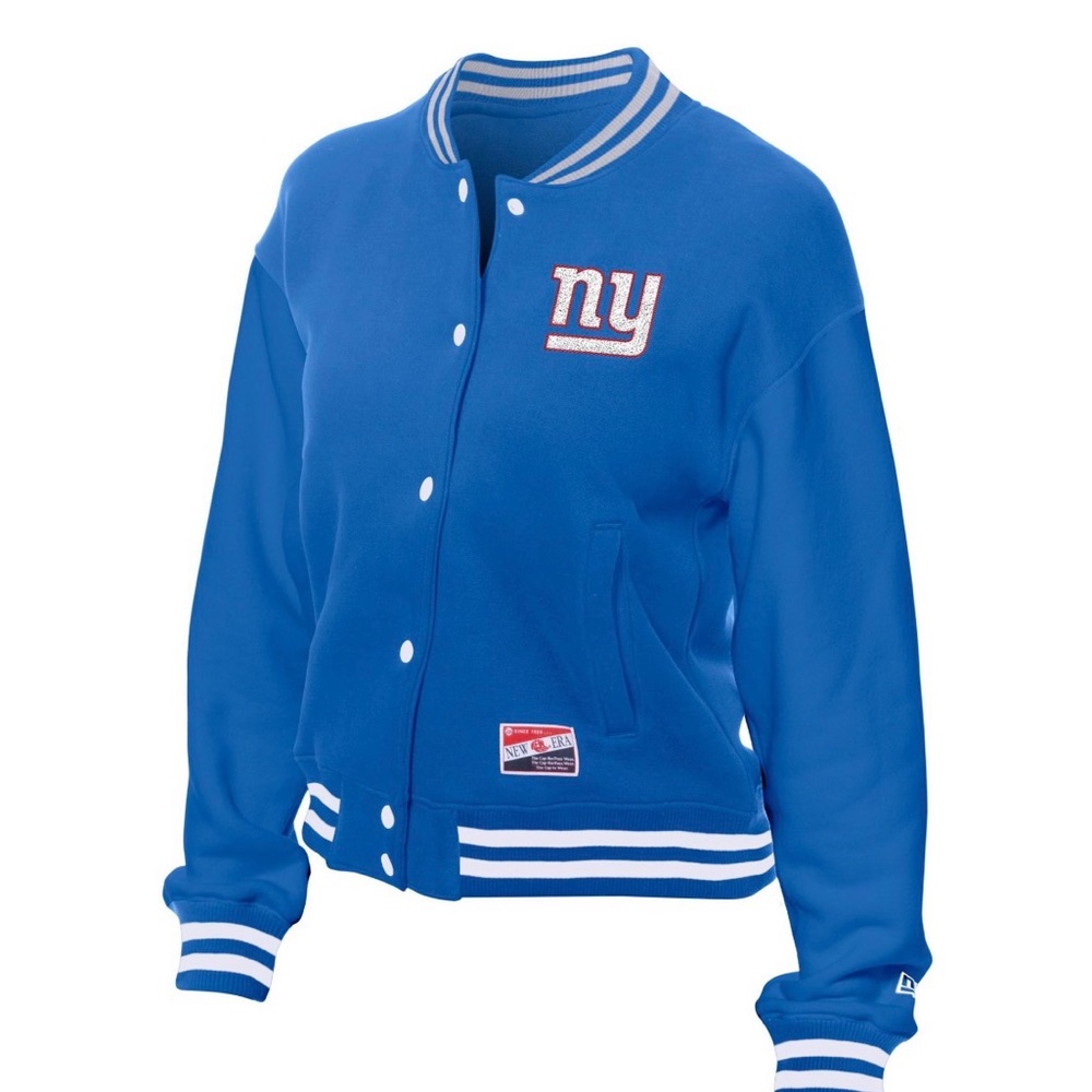 NFL Throwback Women’s Snap Front NY Giants Blue and White Varsity Jacket - Picture 2 of 11